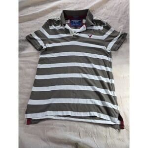 American Eagle Polo Mens Medium Brown White Stripe Vintage Fit Short Sleeve